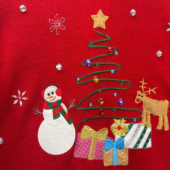 Womens Red & Gold Snowman Reindeer Christmas Tree Ugly Sweater Holiday Sz M - Picture 4 of 8
